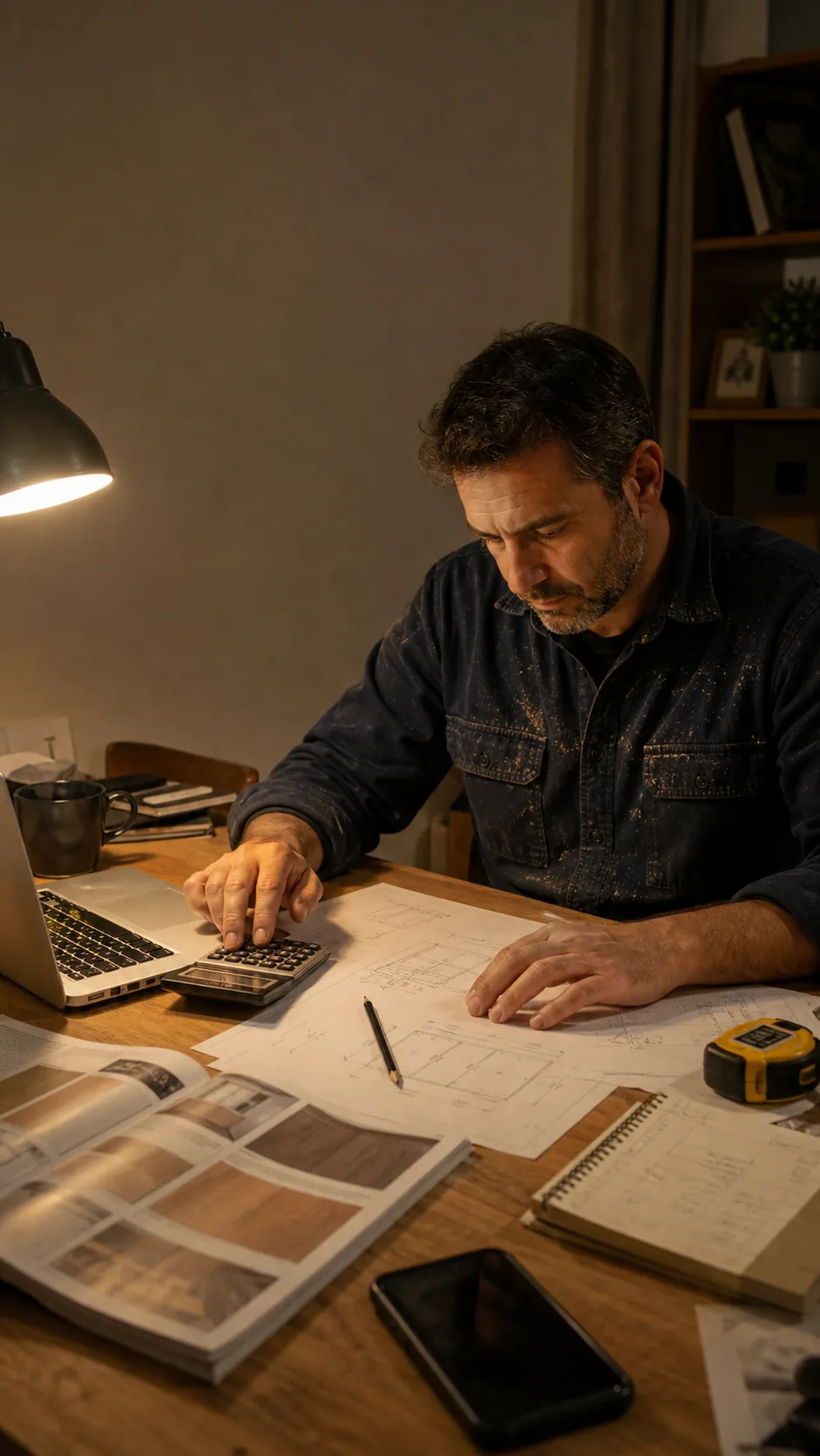 Carpintero con papeles, calculadora y Excel