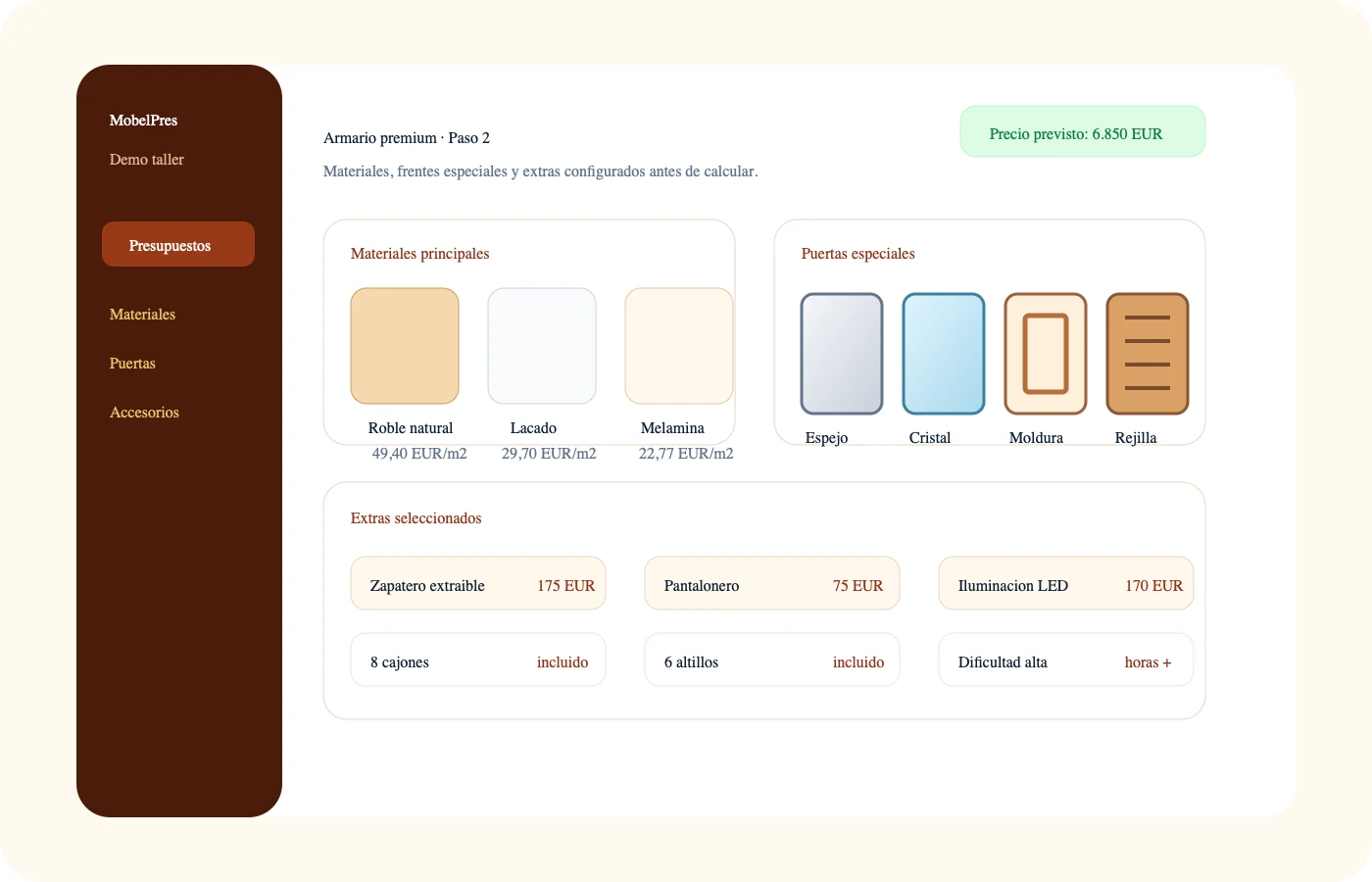 Configuración de materiales, puertas especiales y accesorios de un mueble complejo