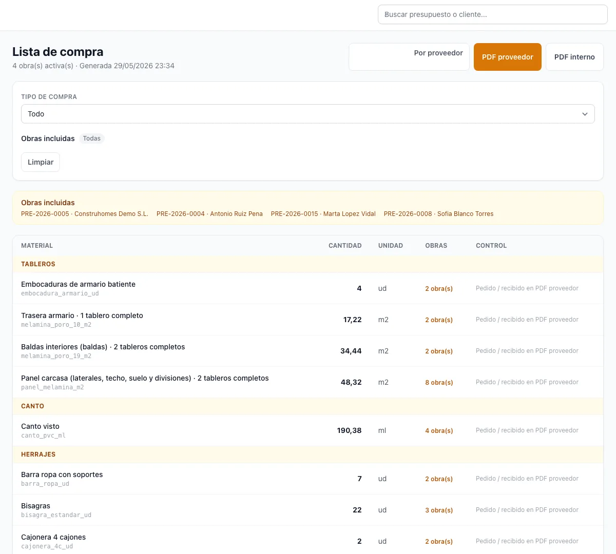 Lista de compra por proveedor