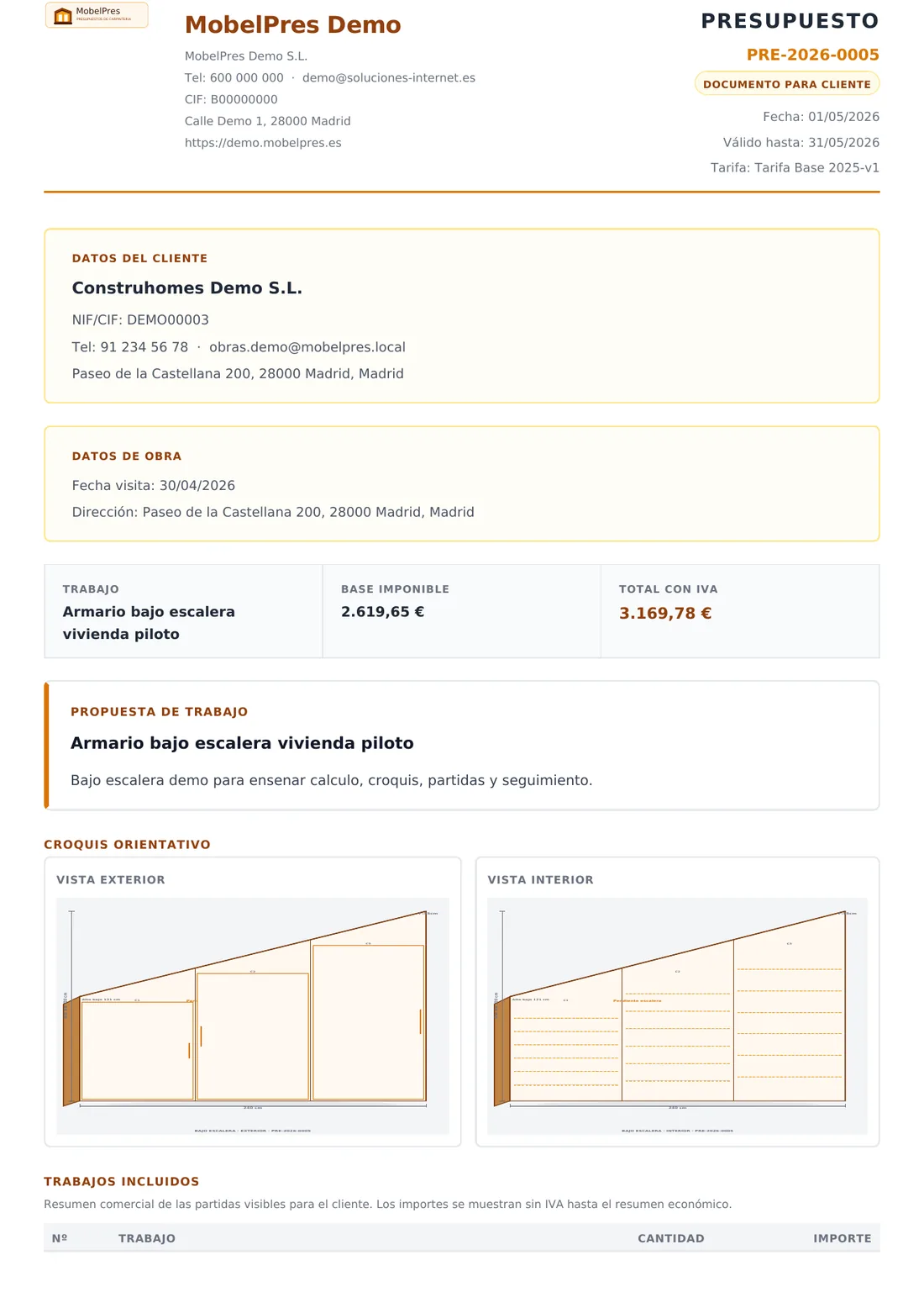 PDF de presupuesto de armario bajo escalera con croquis